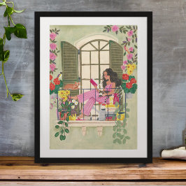 Meisjeslezen op zomerbalkon met katten poster