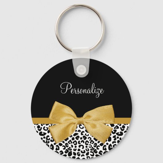 Meisjesluipaard met naam Chic Gold Bow afdrukken Sleutelhanger (Voorkant)