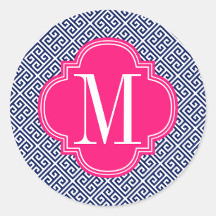 Meisjesmarine en roze Grieks sleutelpatroon aangep Ronde Sticker