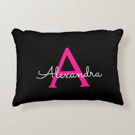 Meisjesmonogram naam van hot-roze zwart script accent kussen