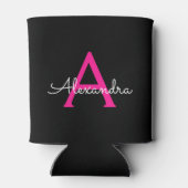 Meisjesmonogram naam van hot-roze zwart script blikjeskoeler (Achterkant)
