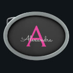 Meisjesmonogram naam van hot-roze zwart script gesp<br><div class="desc">Zwart en Hot Roze Eenvoudig Script Monogram Naam Belt Buckle. Dit maakt het perfecte afstuderen,  zoet 16 16th,  18th,  21st,  30th,  40th,  50th,  60th,  70th,  80th,  90th,  100th Birthday,  bruiloft,  vrijgezellenfeest,  jubileum,  baby shower of vrijgezellenfeest cadeau voor iemand die houdt van glamoureuze luxe en chique stijlen.</div>
