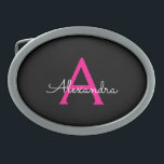 Meisjesmonogram naam van hot-roze zwart script gesp<br><div class="desc">Zwart en Hot Roze Eenvoudig Script Monogram Naam Belt Buckle. Dit maakt het perfecte afstuderen,  zoet 16 16th,  18th,  21st,  30th,  40th,  50th,  60th,  70th,  80th,  90th,  100th Birthday,  bruiloft,  vrijgezellenfeest,  jubileum,  baby shower of vrijgezellenfeest cadeau voor iemand die houdt van glamoureuze luxe en chique stijlen.</div>