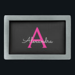 Meisjesmonogram naam van hot-roze zwart script gesp<br><div class="desc">Zwart en Hot Roze Eenvoudig Script Monogram Naam Belt Buckle. Dit maakt het perfecte afstuderen,  zoet 16 16th,  18th,  21st,  30th,  40th,  50th,  60th,  70th,  80th,  90th,  100th Birthday,  bruiloft,  vrijgezellenfeest,  jubileum,  baby shower of vrijgezellenfeest cadeau voor iemand die houdt van glamoureuze luxe en chique stijlen.</div>