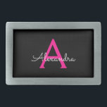 Meisjesmonogram naam van hot-roze zwart script gesp<br><div class="desc">Zwart en Hot Roze Eenvoudig Script Monogram Naam Belt Buckle. Dit maakt het perfecte afstuderen,  zoet 16 16th,  18th,  21st,  30th,  40th,  50th,  60th,  70th,  80th,  90th,  100th Birthday,  bruiloft,  vrijgezellenfeest,  jubileum,  baby shower of vrijgezellenfeest cadeau voor iemand die houdt van glamoureuze luxe en chique stijlen.</div>