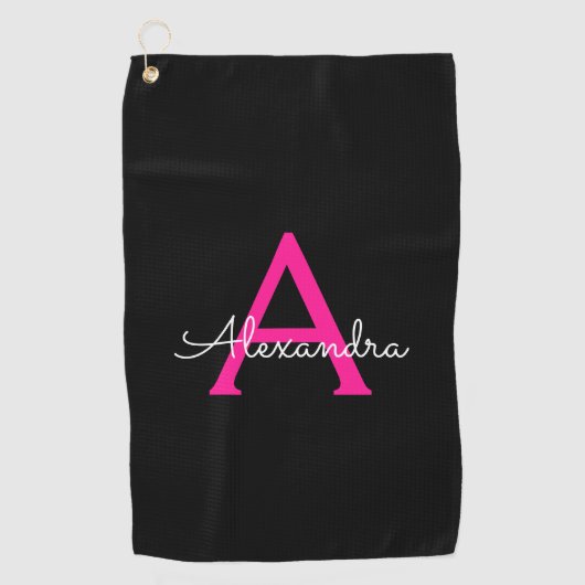 Meisjesmonogram naam van hot-roze zwart script golfhanddoek (Voorkant)