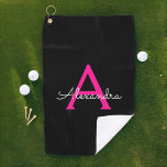 Meisjesmonogram naam van hot-roze zwart script golfhanddoek<br><div class="desc">Zwart en Heet Roze Monogram Naam Golf Handdoek. Dit maakt de perfecte lieve 16 verjaardags-,  bruiloft-,  vrijgezellenfeest-,  jubileum-,  baby shower- of vrijgezellenfeestcadeau voor iemand die van glamluxe en chique stijlen houdt.</div>