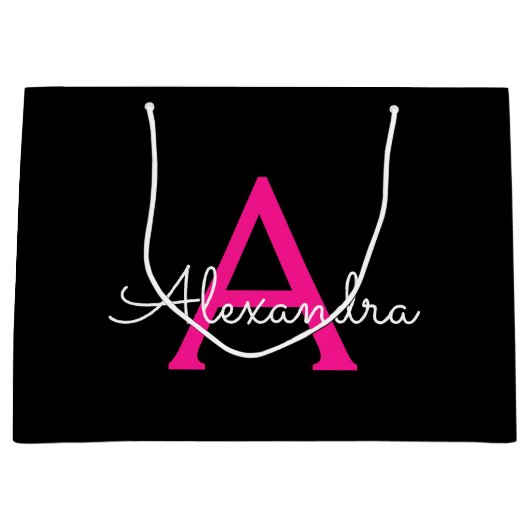 Meisjesmonogram naam van hot-roze zwart script groot cadeauzakje (Voorkant)