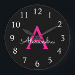 Meisjesmonogram naam van hot-roze zwart script grote klok<br><div class="desc">Hot-roze en Black Simple Script Monogram Name Clock. Dit maakt de perfecte liefhebbende 16 verjaardag,  bruiloft,  vrijgezellenfeest,  verjaardagsdag,  baby shower of vrijgezellenfeest voor iemand die van luxe glam en stijl houdt.</div>