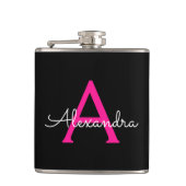 Meisjesmonogram naam van hot-roze zwart script heupfles (Voorkant)