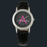 Meisjesmonogram naam van hot-roze zwart script horloge<br><div class="desc">Zwart en Hot Pink Eenvoudig Script Monogram Naam Horloge. Dit maakt het perfecte afstuderen,  verjaardagsfeest,  bruiloft,  vrijgezellenfeest,  jubileum,  baby shower of vrijgezellenfeest cadeau voor iemand die houdt van glam luxe en chique stijlen.</div>