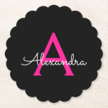 Meisjesmonogram naam van hot-roze zwart script kartonnen onderzetters<br><div class="desc">Zwart en warm roze Eenvoudig Manuscript noemen de Onderzetters van het Monogram van het Manuscript Papier. Dit maakt het perfecte afstuderen,  de verjaardag,  de bruiloft,  het vrijgezellenfeest,  de verjaardag,  het baby shower of het bachelorette feest cadeau voor iemand die van glam luxe en chic stijlen houdt.</div>