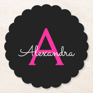 Meisjesmonogram naam van hot-roze zwart script kartonnen onderzetters