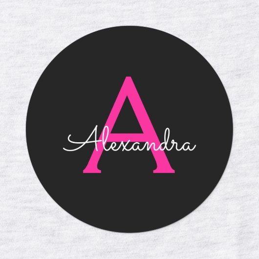 Meisjesmonogram naam van hot-roze zwart script labels (Design 1)