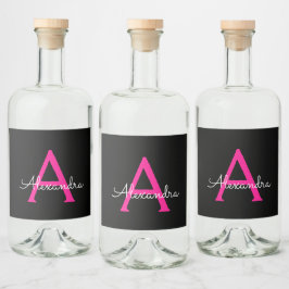 Meisjesmonogram naam van hot-roze zwart script likeurfles etiket