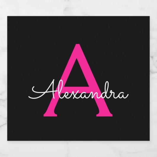 Meisjesmonogram naam van hot-roze zwart script likeurfles etiket (Enkel label)