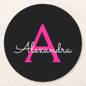 Meisjesmonogram naam van hot-roze zwart script ronde kartonnen onderzetter (Voorkant)