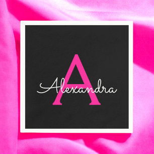 Meisjesmonogram naam van hot-roze zwart script servet