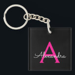 Meisjesmonogram naam van hot-roze zwart script sleutelhanger<br><div class="desc">Zwart en Hot Roze Eenvoudig Script Monogram Naam Sleutelhanger. Dit maakt het perfecte zoete 16-jarige verjaardagscadeau,  bruiloft,  vrijgezellenfeest,  jubileum,  baby shower of vrijgezellenfeest voor iemand die van glamoureuze luxe en chique stijlen houdt.</div>