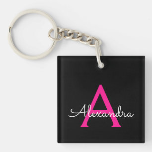 Meisjesmonogram naam van hot-roze zwart script sleutelhanger