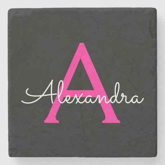 Meisjesmonogram naam van hot-roze zwart script stenen onderzetter (Voorkant)