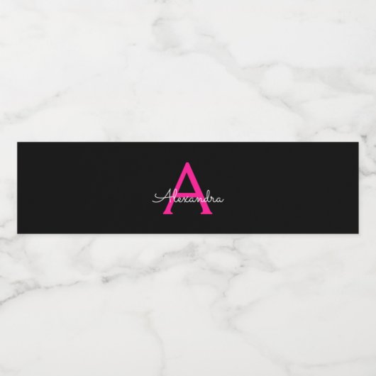 Meisjesmonogram naam van hot-roze zwart script waterfles etiket (Enkel label)