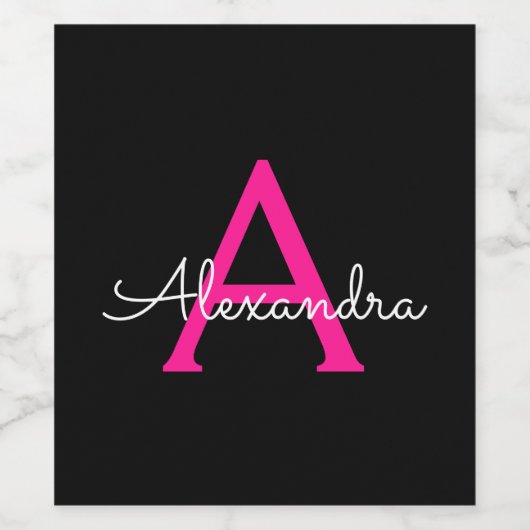 Meisjesmonogram naam van hot-roze zwart script wijn etiket (Enkel label)