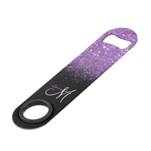 Meisjesmonogram Paarse glitter en zwarte balksleut Speed Flessenopener (Achterkant Gekanteld)
