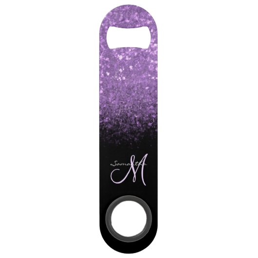 Meisjesmonogram Paarse glitter en zwarte balksleut Speed Flessenopener (Voorkant)
