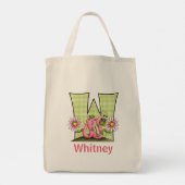 Meisjesmonogram W met roze en groene worm Tote Bag (Achterkant)