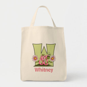 Meisjesmonogram W met roze en groene worm Tote Bag