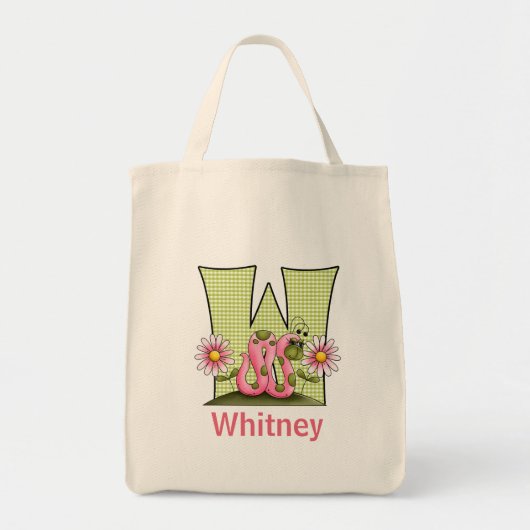 Meisjesmonogram W met roze en groene worm Tote Bag (Voorkant)