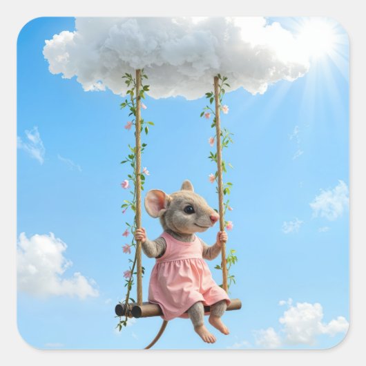 Meisjesmuis Op een Zomer Schommel Vierkante Sticker (Voorkant)