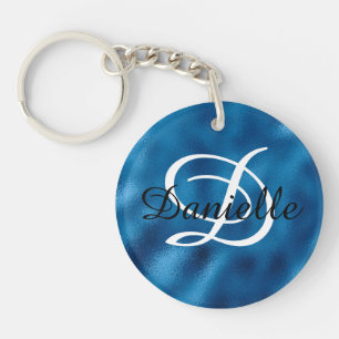 Meisjesnaam en Monogram Faux Blue Folie Foto Sleutelhanger