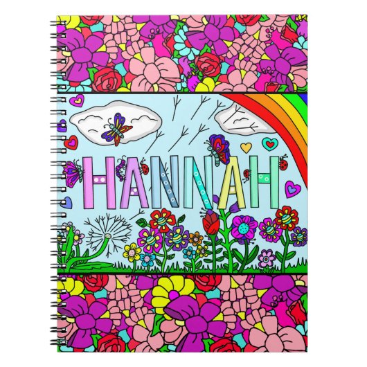meisjesnaam Hannah Hand getekende Whimsical Flower Notitieboek (Voorkant)
