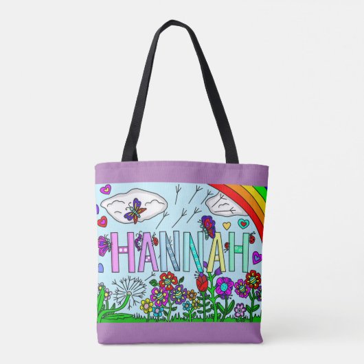 meisjesnaam Hannah Hand getekende Whimsical Flower Tote Bag (Achterkant)