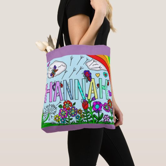 meisjesnaam Hannah Hand getekende Whimsical Flower Tote Bag (Dichtbij)