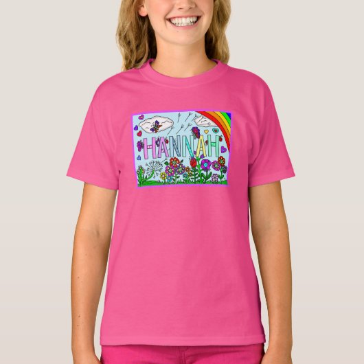meisjesnaam Hannah Whimsical Flowers, Rainbow T-S T-shirt (Voorkant)