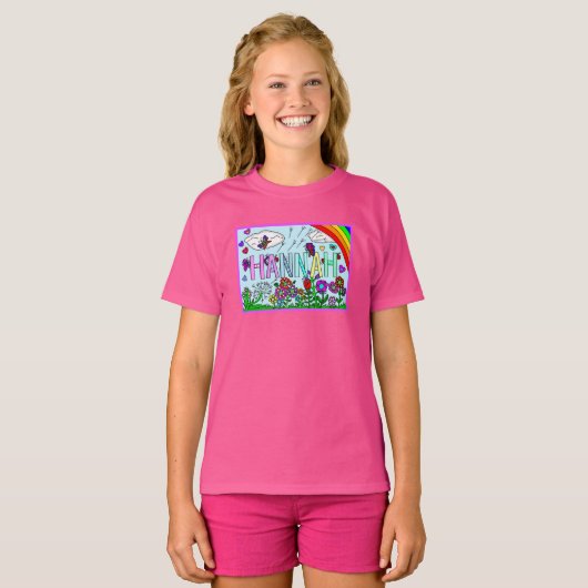 meisjesnaam Hannah Whimsical Flowers, Rainbow T-S T-shirt (Voorkant volledig)