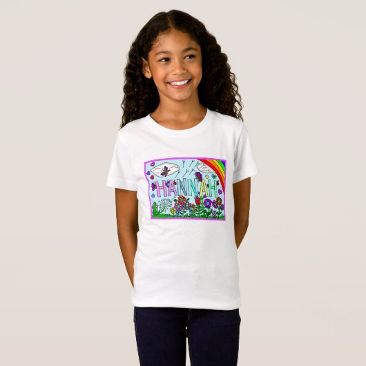 Meisjesnaam Hannah Whimsical Flowers, Rainbow T-shirt (Voorkant volledig)