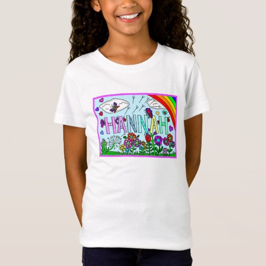 Meisjesnaam Hannah Whimsical Flowers, Rainbow T-shirt (Voorkant)