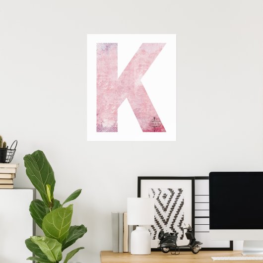 Meisjesnaam Letter K Boho Pink Waterverf Poster (Thuiskantoor)