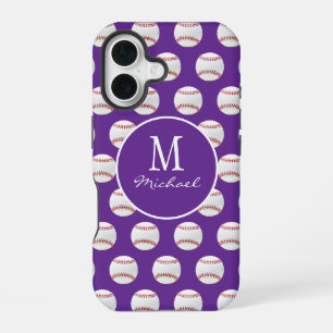 Meisjesnaam met monogram honkbalpatroon paars iPhone 16 hoesje