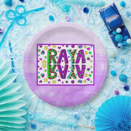 Meisjesnaam Raya met sterren en harten Papieren Bordje (Feest)