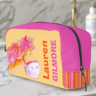 Meisjesnaam schattige pony waterverf oranje roze  toilettasje