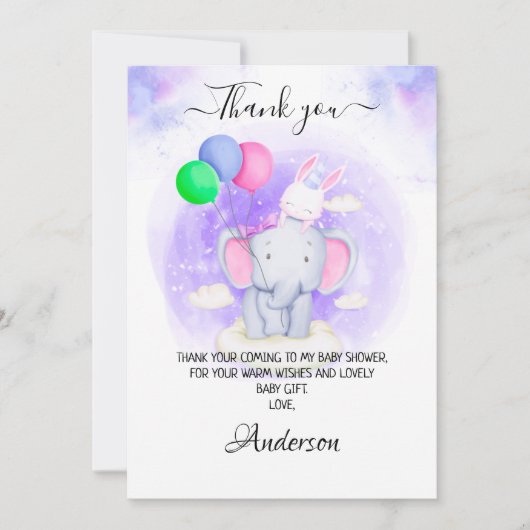 Meisjesolifant, konijn met Baby shower van ballonn Bedankkaart (Voorkant)