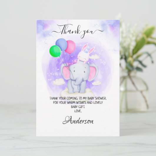 Meisjesolifant, konijn met Baby shower van ballonn Bedankkaart (Staand voorkant)