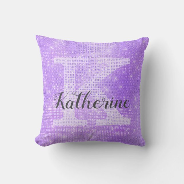 Meisjespasta Lavender Paarse Sparkle Monogram Kussen (Voorkant)