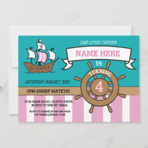 Meisjespiratenschip Nautical Birthday Party Invite Kaart
