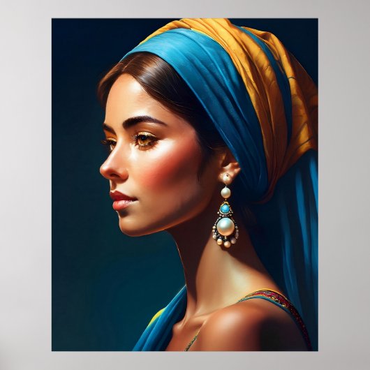 Meisjesportret in blauw en goud, klassieke stijl | poster (Voorkant)